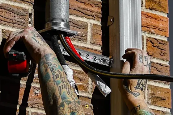 Tattooed hands running conduit along a brick exterior wall