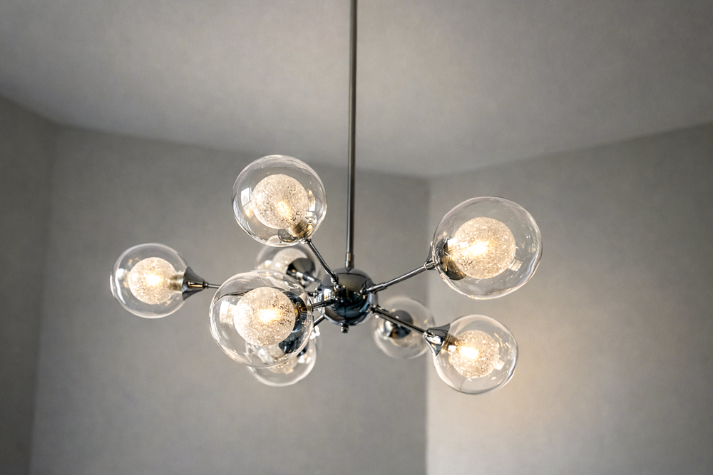 Silver sputnik chandelier installed in Denver residence